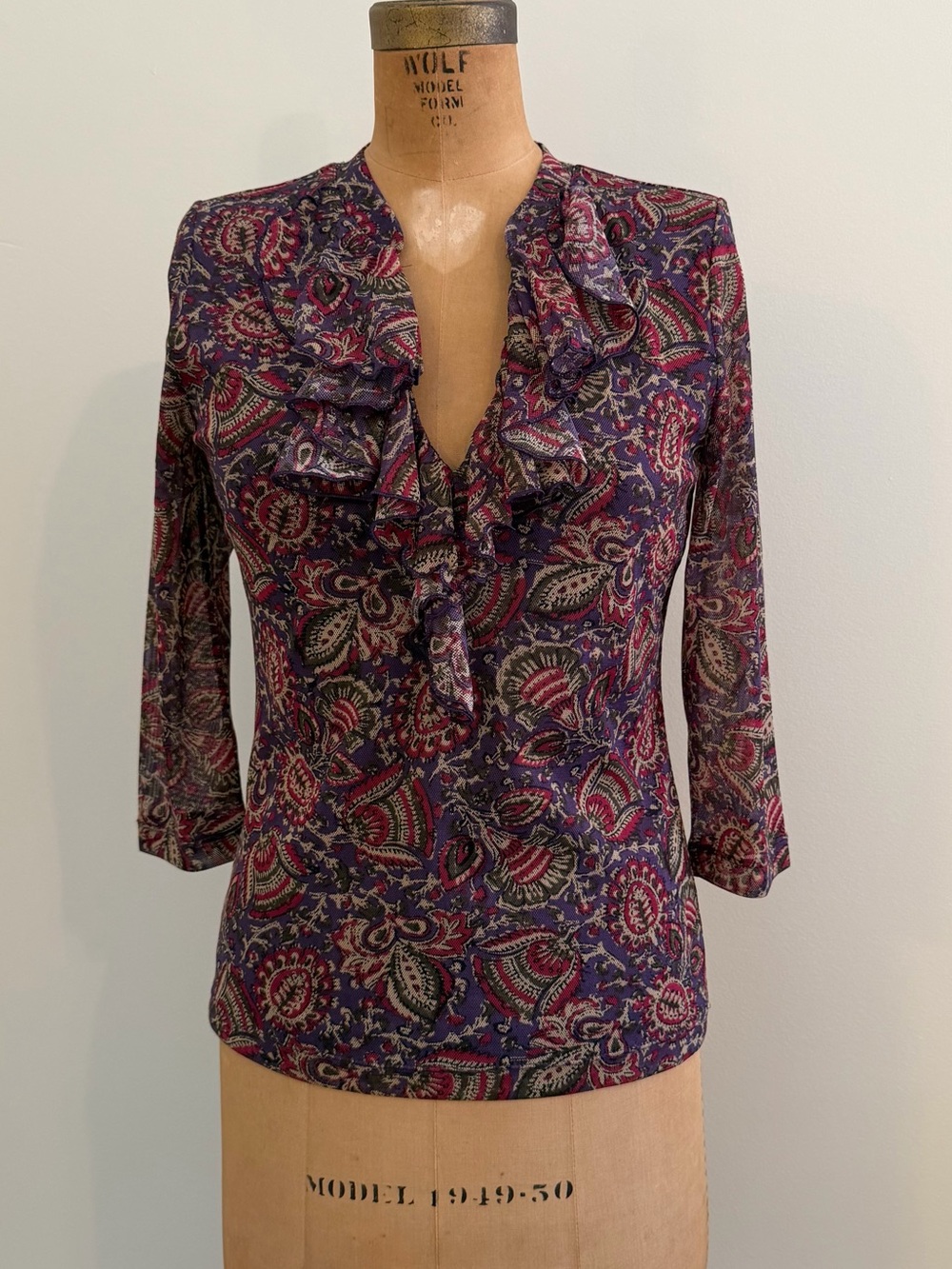 Chaps Purple Paisley Ruffle V-Neck Blouse with Red Accents